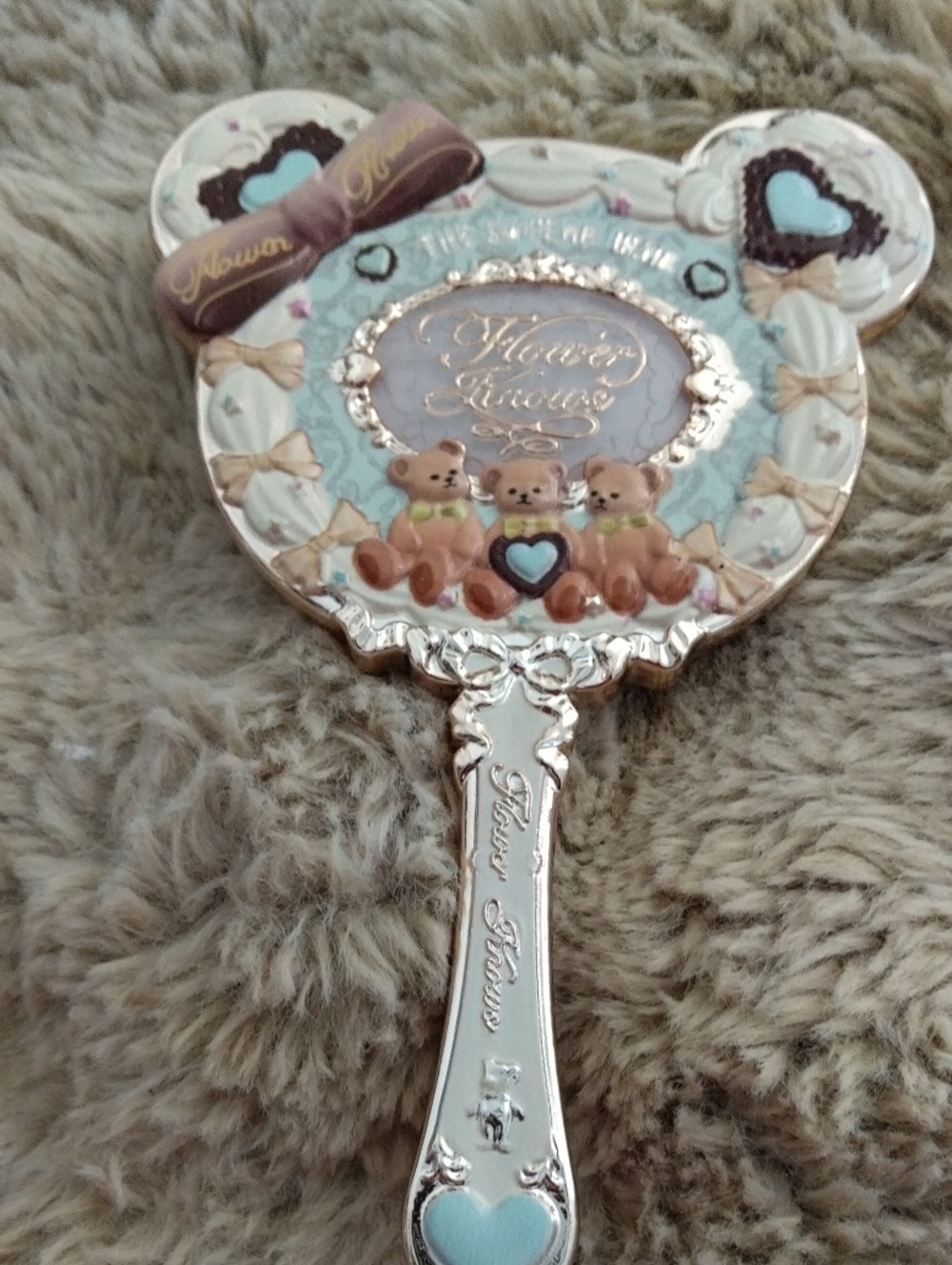 Cute Teddy Bear Heart Hand Mirror - Pastel Blue & Brown